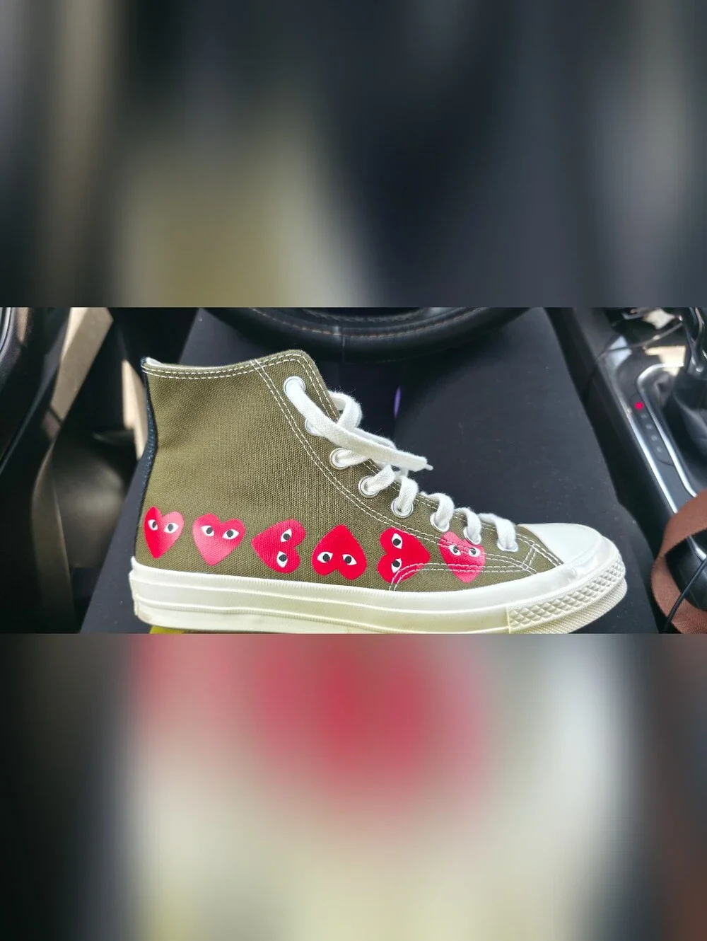 Converse Olive Green High Top Sneakers with Red Heart Accents